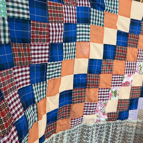 Other - VTG Handmade Patchwork Quilt 42x86 Plaid Floral Fabric Lace Embroidery Cottage